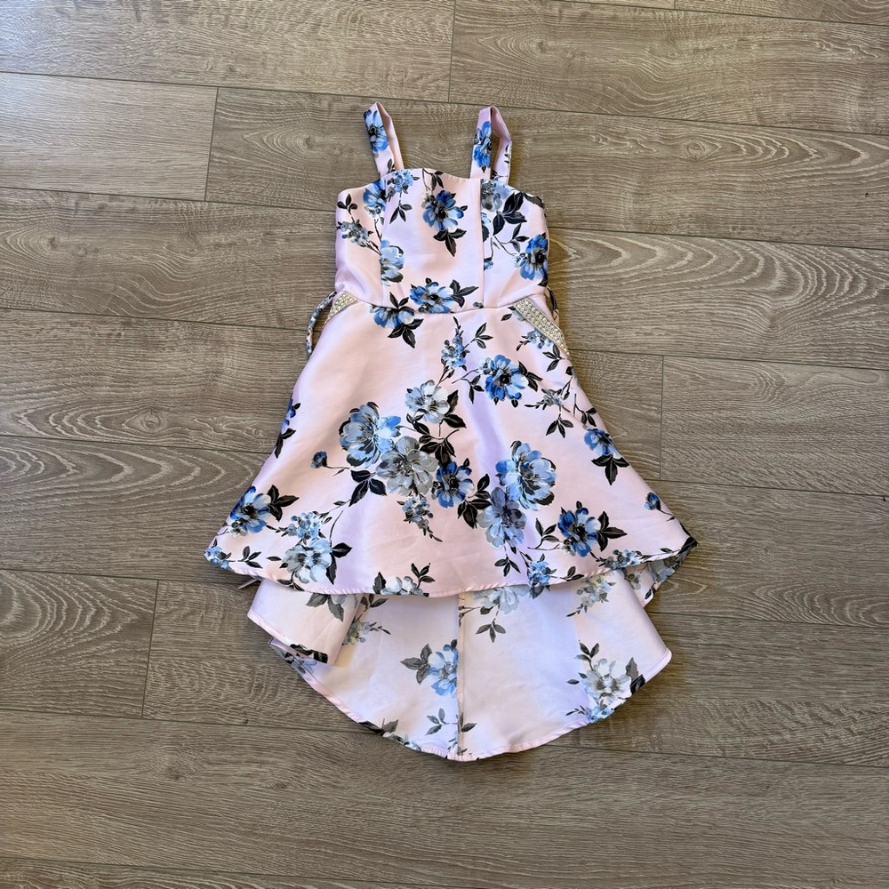 Girls Formal Satin High Low Floral Dress Pink with Sparkle Gems size 5